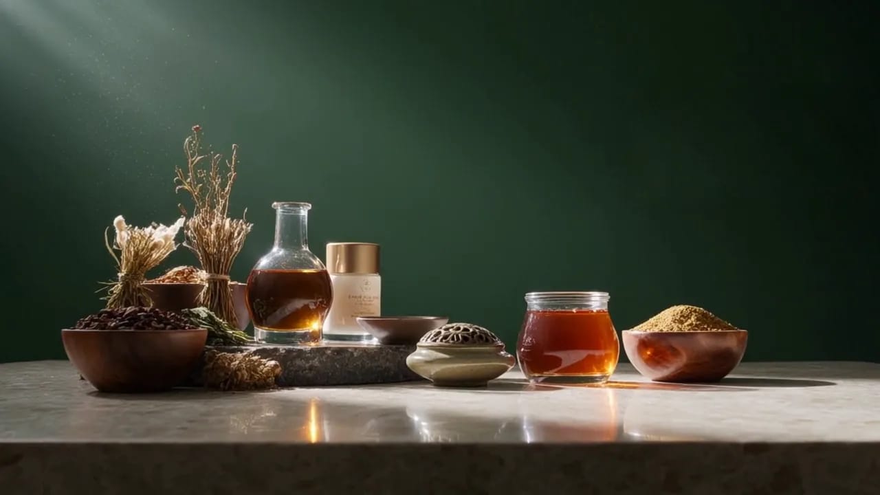Dried herbs, oil, honey, spices and an incense burner on a stone table