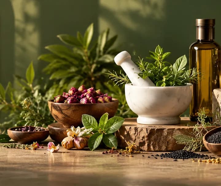 Bowls of dried herbs and rosebuds with a marble mortar