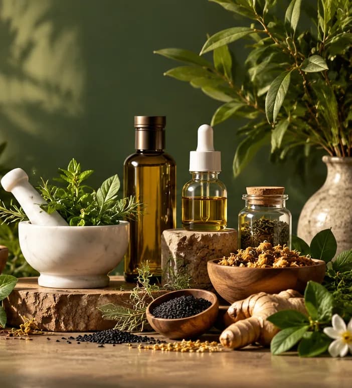 Bottles of natural oil beside fresh herbs